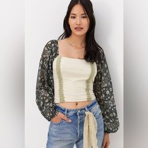 ANTROPOLOGIE FOREVER THAT GIRL CREAM GREEN FLORAL SMOCKED
BALLOON-SLEEVE TOP XL